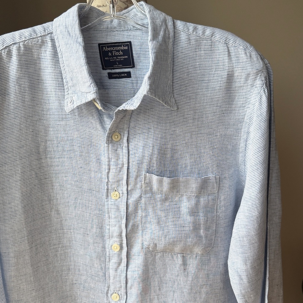 Abercrombie & Fitch Men's Blue White Micro Stripe Button-Down Shirt 100% Linen